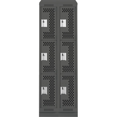 Clean Line Lockers, 3 -tier, Bank of 2, 24" x 18" x 82", Steel, Charcoal, Rivet (Assembled), Perforated Planification Entrepots Molloy