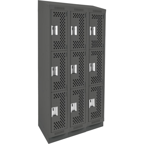 Clean Line Lockers, 3 -tier, Bank of 3, 36" x 18" x 82", Steel, Charcoal, Rivet (Assembled), Perforated Planification Entrepots Molloy