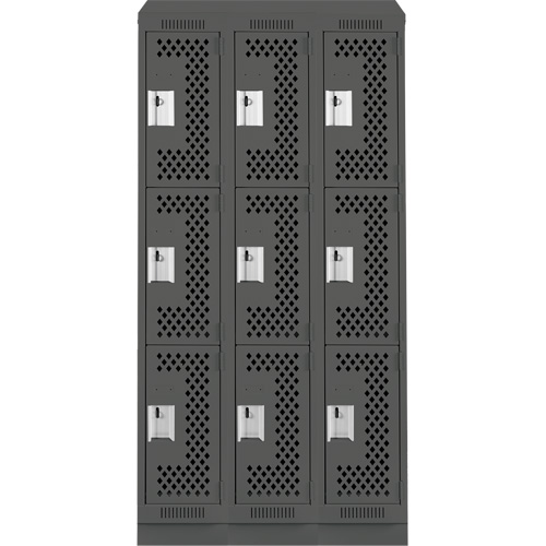 Clean Line Lockers, 3 -tier, Bank of 3, 36" x 18" x 82", Steel, Charcoal, Rivet (Assembled), Perforated Planification Entrepots Molloy