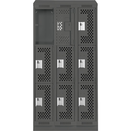 Clean Line Lockers, 3 -tier, Bank of 3, 36" x 18" x 82", Steel, Charcoal, Rivet (Assembled), Perforated Planification Entrepots Molloy