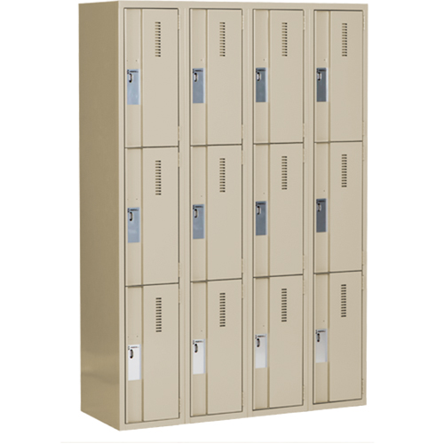 Concorde Heavy-Duty Lockers, 3 -tier, Bank of 4, 48" x 18" x 72", Steel, Beige, Welded (Assembled) Planification Entrepots Molloy