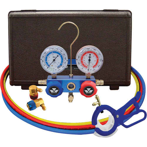 Jeu de manom&egrave;tres collecteurs &agrave; deux voies R134A pour automobile avec coupleurs et robinet perce-canette lat&eacute;rale 3-en-1 Planification Entrepots Molloy