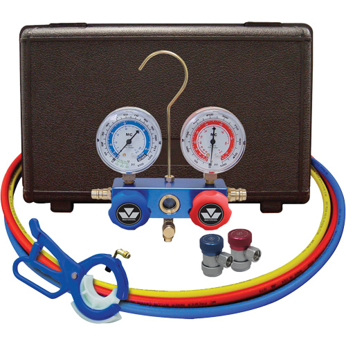 Automotive Manifold Gauge Set with Manual Couplers & 3-in-1 Side Mount Can Tap Valve Planification Entrepots Molloy