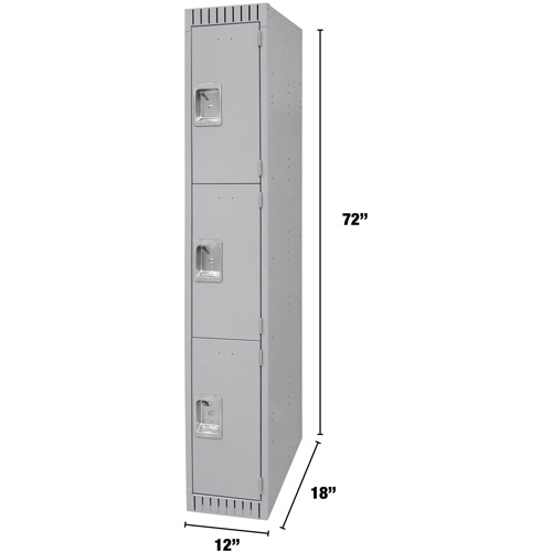 Lockers, 3 -tier, 12" x 18" x 72", Steel, Grey, Knocked Down Planification Entrepots Molloy