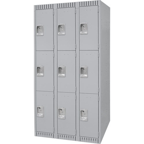 Lockers, 3 -tier, Bank of 3, 36" x 18" x 72", Steel, Grey, Knocked Down Planification Entrepots Molloy