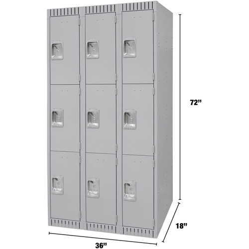 Lockers, 3 -tier, Bank of 3, 36" x 18" x 72", Steel, Grey, Knocked Down Planification Entrepots Molloy