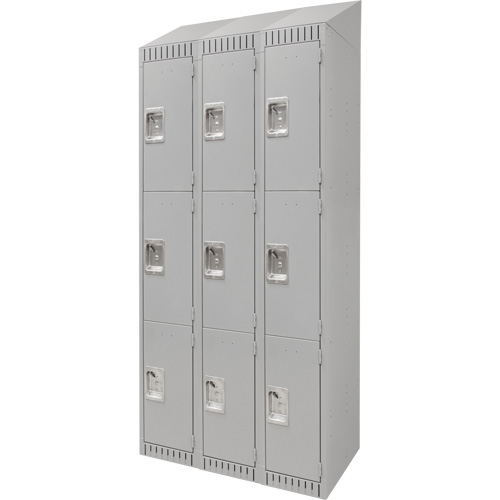 Lockers, 3 -tier, Bank of 3, 36" x 18" x 82", Steel, Grey, Knocked Down Planification Entrepots Molloy