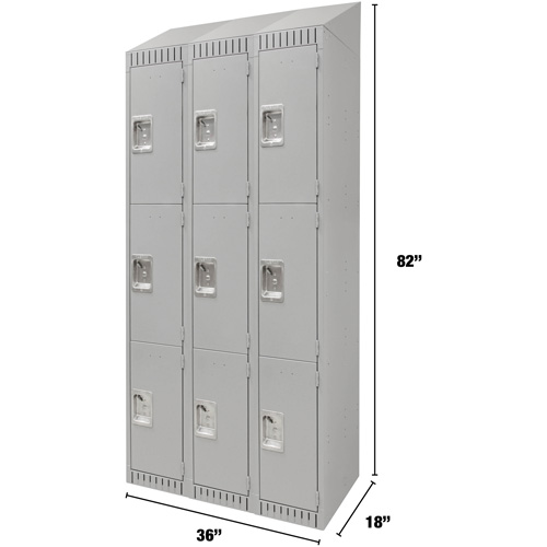 Lockers, 3 -tier, Bank of 3, 36" x 18" x 82", Steel, Grey, Knocked Down Planification Entrepots Molloy