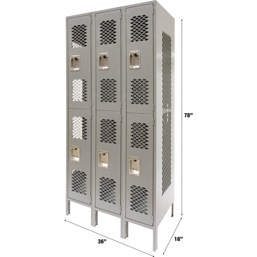 Casiers ventil&eacute;s, 2 niveaux, Bloc de 3, 36" x 18" x 78", Acier, Gris, D&eacute;mont&eacute;, Perfor&eacute; Planification Entrepots Molloy
