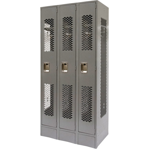 Vented Lockers, Bank of 3, 36" x 18" x 78", Steel, Grey, Knocked Down, Perforated Planification Entrepots Molloy