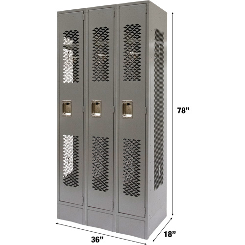 Vented Lockers, Bank of 3, 36" x 18" x 78", Steel, Grey, Knocked Down, Perforated Planification Entrepots Molloy