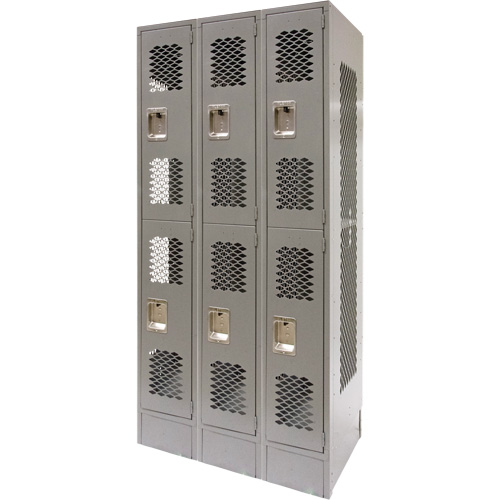 Vented Lockers, 2 -tier, Bank of 3, 36 x 18" x 78", Steel, Grey, Knocked Down, Perforated Planification Entrepots Molloy