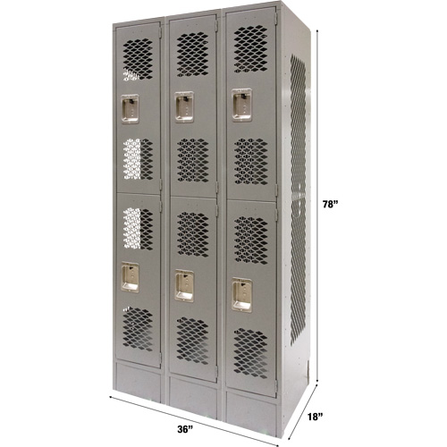 Vented Lockers, 2 -tier, Bank of 3, 36 x 18" x 78", Steel, Grey, Knocked Down, Perforated Planification Entrepots Molloy