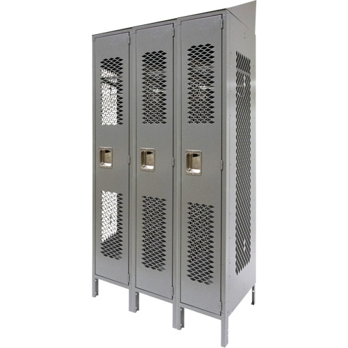 Vented Lockers, Bank of 3, 36 x 18" x 88", Steel, Grey, Knocked Down, Perforated Planification Entrepots Molloy