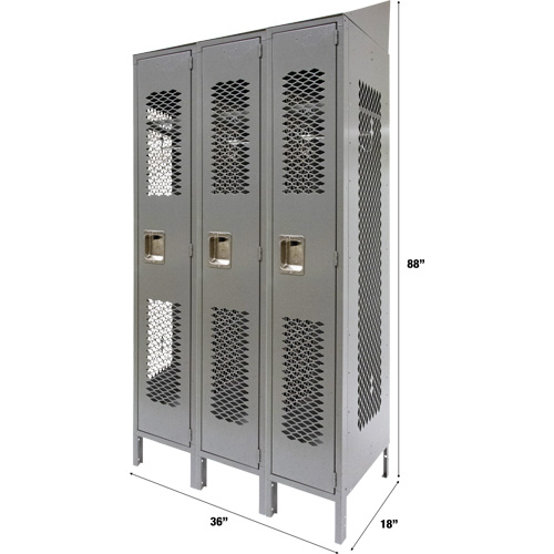Vented Lockers, Bank of 3, 36 x 18" x 88", Steel, Grey, Knocked Down, Perforated Planification Entrepots Molloy