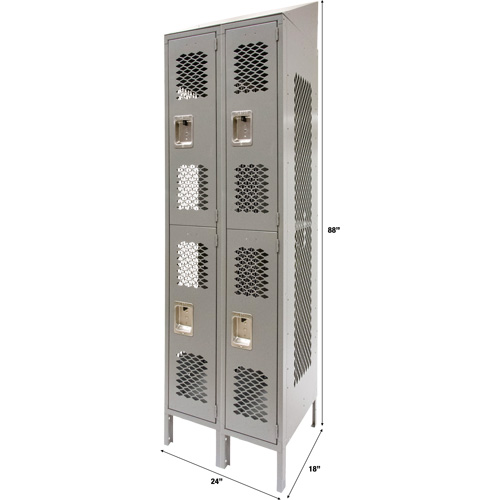 Vented Lockers, 2 -tier, Bank of 2, 24" x 18" x 88", Steel, Grey, Knocked Down, Perforated Planification Entrepots Molloy