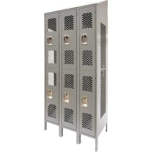 Vented Lockers, 2 -tier, Bank of 3, 36 x 18" x 88", Steel, Grey, Knocked Down, Perforated Planification Entrepots Molloy