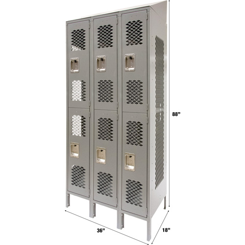 Vented Lockers, 2 -tier, Bank of 3, 36 x 18" x 88", Steel, Grey, Knocked Down, Perforated Planification Entrepots Molloy