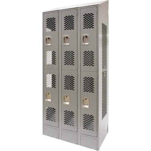 Vented Lockers, 2 -tier, Bank of 3, 36 x 18" x 88", Steel, Grey, Knocked Down, Perforated Planification Entrepots Molloy