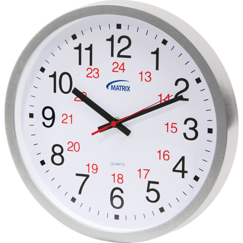 12/24 H Clock, Analog, Battery Operated, 12", Silver Planification Entrepots Molloy