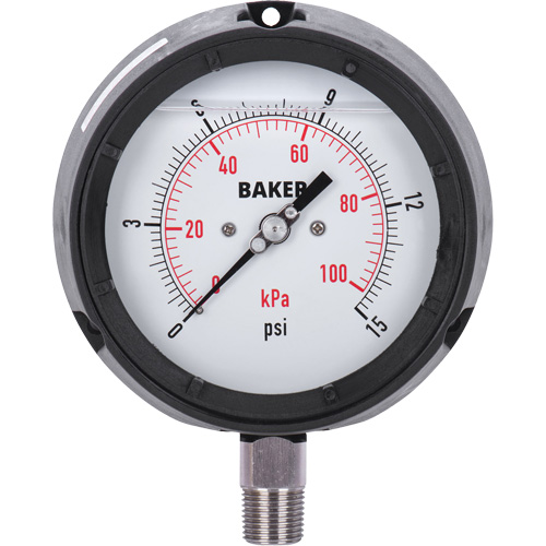 Manom&egrave;tre,  4-1/2", 0 - 15 psi/0 - 100 kPa, Fixation inf&eacute;rieure, Analogique rempli de liquide Planification Entrepots Molloy