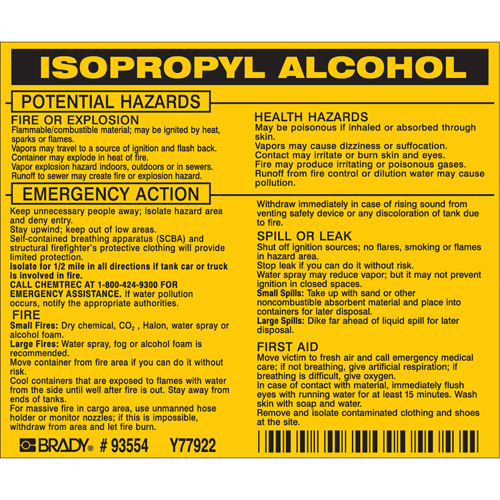 &eacute;tiquette pour l'alcool isopropylique, Vinyle, Feuille, 4-1/2" lo x 3-1/2" la Planification Entrepots Molloy