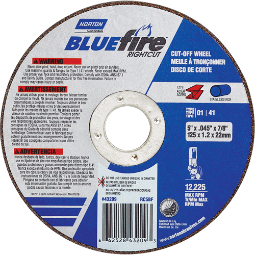 BlueFire&reg; Cut-off Wheel, 4-1/2" x 0.045"/1/16", 7/8" Arbor, Type 01/41, Aluminum Oxide/Zirconium, 13580 RPM Planification Entrepots Molloy