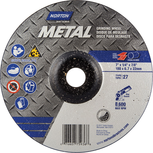Depressed Centre Metal Grinding Wheels, 7" x 1/4", 7/8" Arbor, Aluminum Oxide, Type 27 Planification Entrepots Molloy