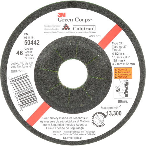 Green Corps Flexible Grinding Wheel, 4-1/2" x 1/8", 7/8" Arbor, Ceramic, Type 27 Planification Entrepots Molloy