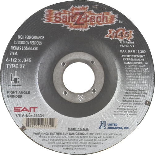 Cutting Wheel Z-Tech, 4-1/2" x 0.045", 7/8" Arbor, Type 27, Zirconium, 13300 RPM Planification Entrepots Molloy