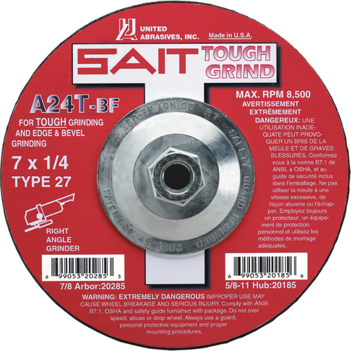 A24T Tough Grind Grinding Wheel, 4-1/2" x 1/4", 7/8" Arbor, Aluminum Oxide, Type 27 Planification Entrepots Molloy