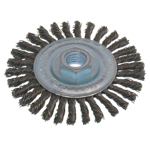 Brosses &eacute;conomiques &agrave; fil nou&eacute;s &agrave; haute vitesse pour cordons de soudure, Dia. 6", Fils 0,02", Arbre 5/8"-11, Acier inoxydable Planification Entrepots Molloy