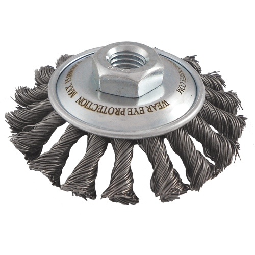 Brosses soucoupes &agrave; fils nou&eacute;s, Dia. 5", Fils 0,02", Arbre 5/8"-11, Acier Planification Entrepots Molloy