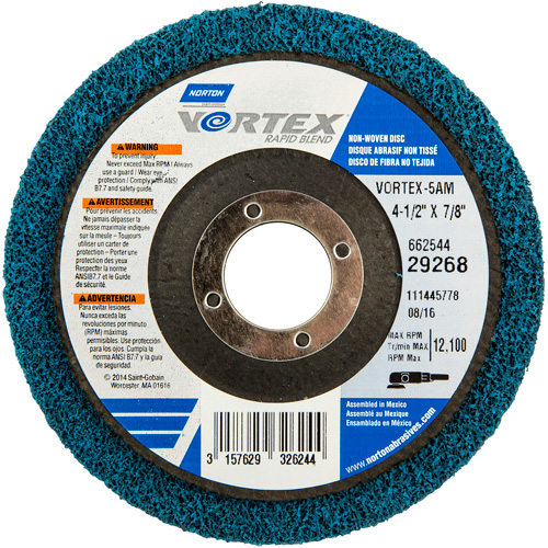 Meule non tiss&eacute;e Vortex, 4-1/2" dia. x 1/2" la, Arbre 7/8", Oxyde d'aluminium Planification Entrepots Molloy
