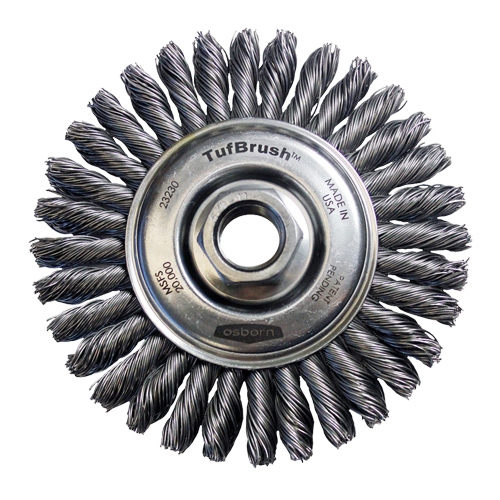 Brosse &agrave; fils nou&eacute;s TufBrush, Dia. 4", Fils 0,02", Arbre 5/8"-11, Acier Planification Entrepots Molloy