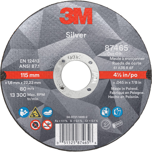 Silver Cut-Off Wheel, 4-1/2" x 0.045", 7/8" Arbor, Type 1, Ceramic, 13300 RPM Planification Entrepots Molloy