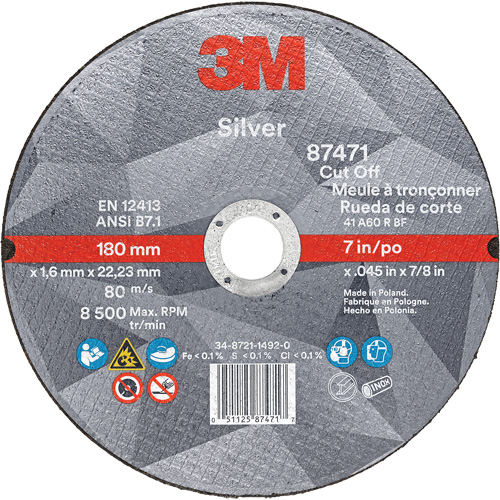 Silver Cut-Off Wheel, 7" x 0.045", 7/8" Arbor, Type 1, Ceramic, 8500 RPM Planification Entrepots Molloy