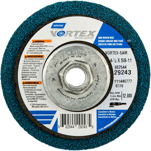 Meule abrasive non tiss&eacute;e &agrave; moyeu d&eacute;port&eacute; Vortez Rapid Blend, 4-1/2" dia., Grain 100-120, Oxyde d'aluminium Planification Entrepots Molloy