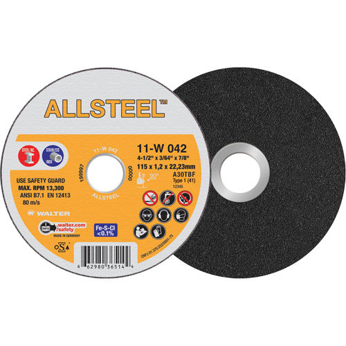 AllSteel Cut-Off Wheel, 4-1/2" x 3/64", 7/8" Arbor, Type 1, Aluminum Oxide, 13300 RPM Planification Entrepots Molloy