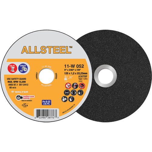 AllSteel Cut-Off Wheel, 5" x 3/64", 7/8" Arbor, Type 1, Aluminum Oxide, 12250 RPM Planification Entrepots Molloy