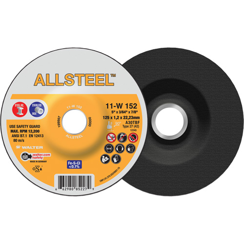 Meule &agrave; tronçonner AllSteel, 5" x 3/64", Arbre de 7/8", Type 27, Oxyde d'aluminium, 12250 Tr/min Planification Entrepots Molloy