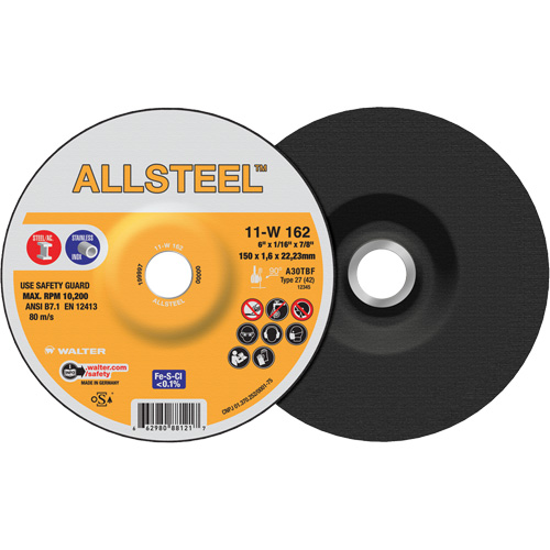 AllSteel Cut-Off Wheel, 6" x 1/16", 7/8" Arbor, Type 27, Aluminum Oxide, 10200 RPM Planification Entrepots Molloy