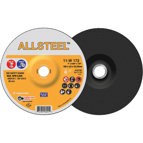 Meule &agrave; tronçonner AllSteel, 7" x 5/64", Arbre de 7/8", Type 27, Oxyde d'aluminium, 8500 Tr/min Planification Entrepots Molloy