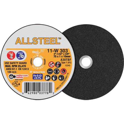 AllSteel Mini Cut-Off Wheel, 3" x 1/32", 3/8" Arbor, Type 1, Aluminum Oxide, 25470 RPM Planification Entrepots Molloy