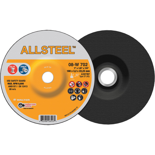 Meule ALLSTEEL, 7" x 1/8", Arbre 7/8", Oxyde d'aluminium, Type 27 Planification Entrepots Molloy