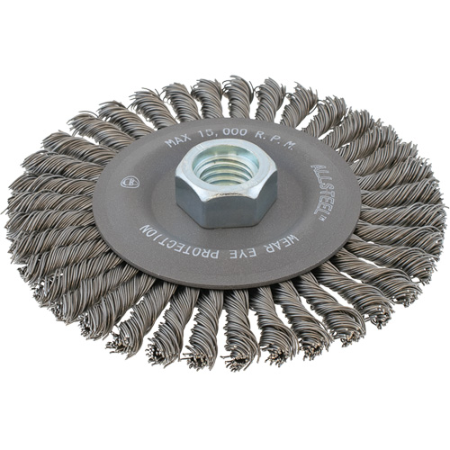 Brosse m&eacute;tallique &agrave; fils &eacute;troits nou&eacute;s AllSteel, Dia. 6-7/8'', Fils 0,02", Arbre 5/8"-11, Acier Planification Entrepots Molloy