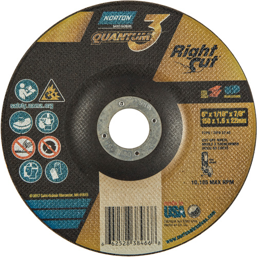 Quantum3 RightCut Cut-Off Wheel, 6" x 1/16", 7/8" Arbor, Type 27/42, Aluminum Oxide, 10185 RPM Planification Entrepots Molloy