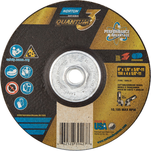 Quantum3 Grinding & Cutting Wheel, 6" x 1/8", 5/8"-11 Arbor, Type 27, 24 Grit, Ceramic Alumina Planification Entrepots Molloy