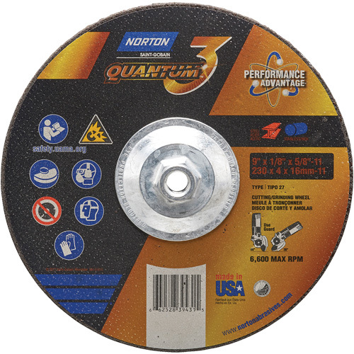Quantum3 Grinding & Cutting Wheel, 9" x 1/8", 5/8"-11 Arbor, Type 27, 24 Grit, Ceramic Alumina Planification Entrepots Molloy
