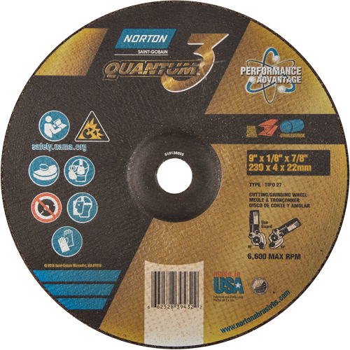 Disque de rectification et de tronçonnage Quantum3, 9" x 1/8", Arbre de 7/8", Type 27, Grain de 24, C&eacute;ramique d'alumine Planification Entrepots Molloy